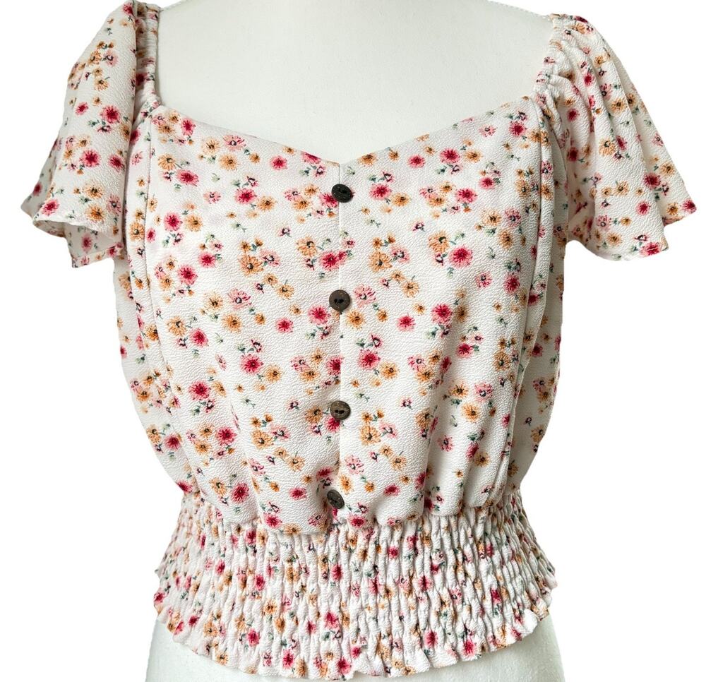 Monteau XL‎ Floral Crop Top Puff Sleeve Smocked Waist Blouse Y2K Cottagecore